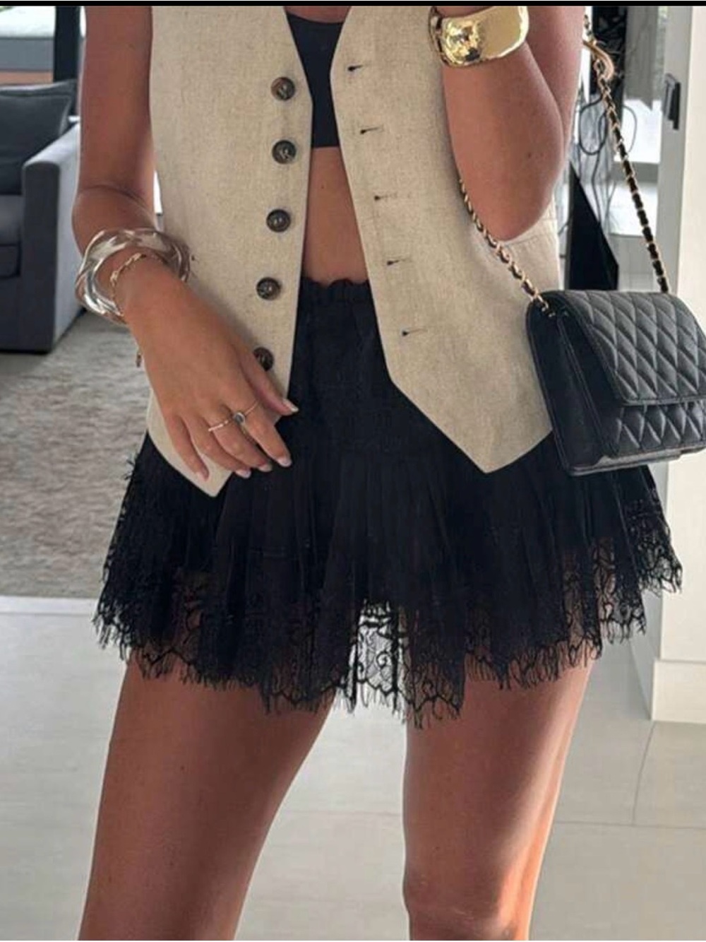 Lace Trim Pleated Black Mini Skort